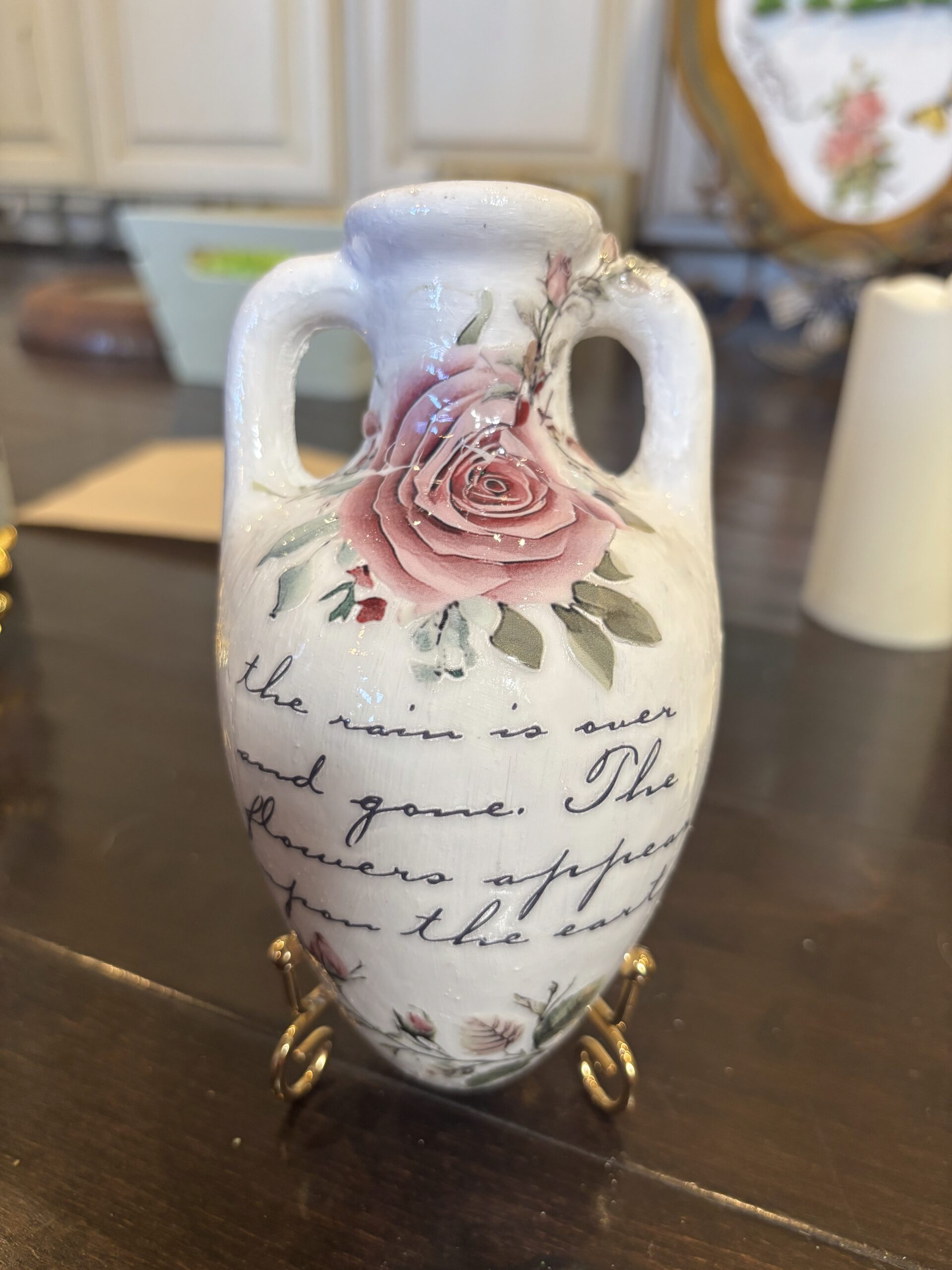 Handcrafted lamp with blue toile floral decoupage